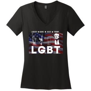 Liberty Guns Beer Trump 4th Of July Usa Flag Lgbt Parody Funny Trump Lgbt Women's V-Neck T-Shirt