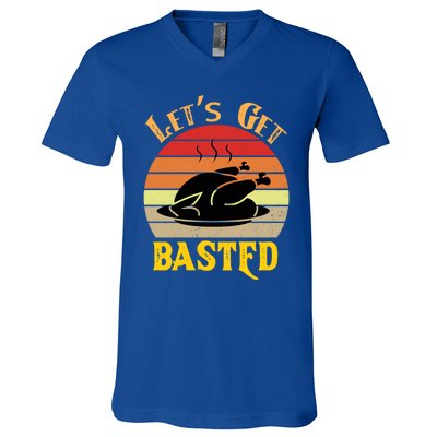 Lets Get Basted Gift Funny Turkey Day Retro Gift V-Neck T-Shirt