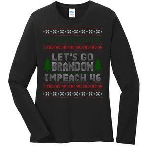 Let''s Go Brandon Impeach 46 Anti Biden Chant Ugly Christmas Ladies Long Sleeve Shirt