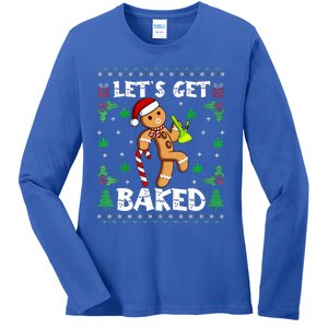 Let's Get Baked Gingerbread Man Weed Funny Christmas Cookie  Ladies Long Sleeve Shirt