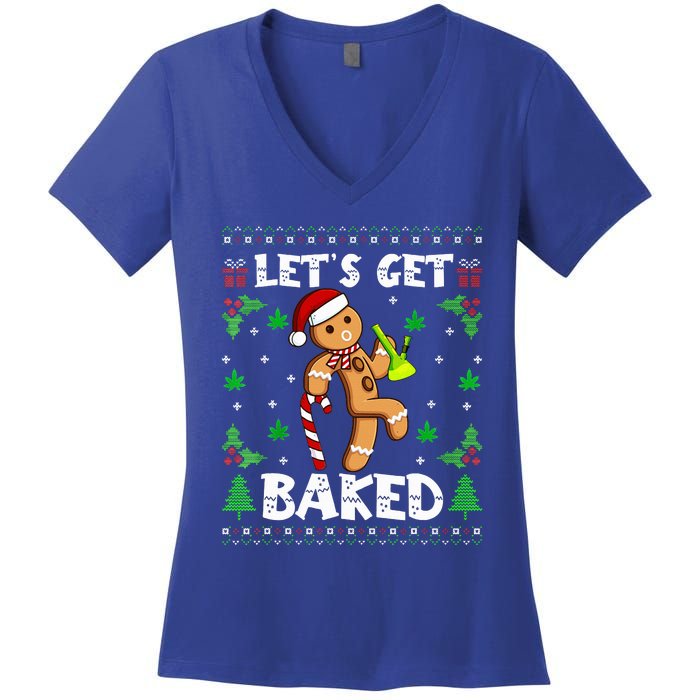 Let's Get Baked Gingerbread Man Weed Funny Christmas Cookie  Women's V-Neck T-Shirt