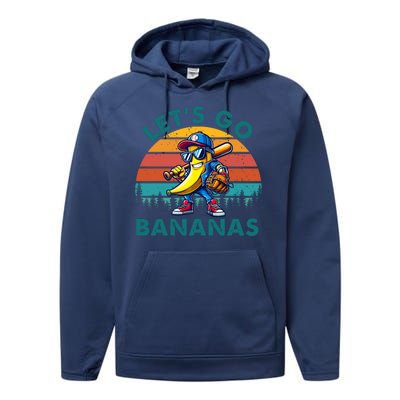 Lets Go Bananas Baseball Player Retro Sunset Performance Fleece Hoodie