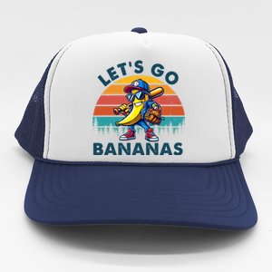 Lets Go Bananas Baseball Player Retro Sunset Trucker Hat