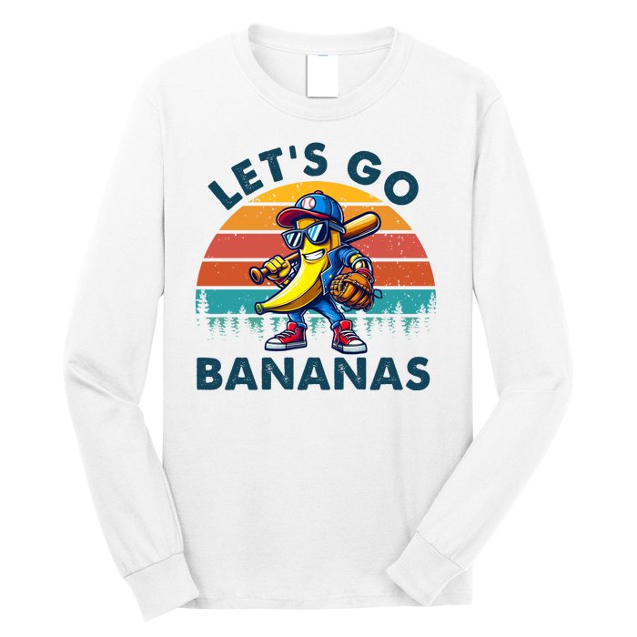 Lets Go Bananas Baseball Player Retro Sunset Long Sleeve Shirt