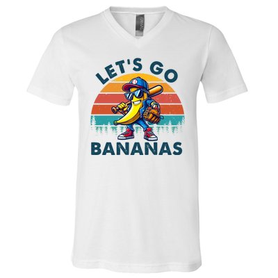 Lets Go Bananas Baseball Player Retro Sunset V-Neck T-Shirt