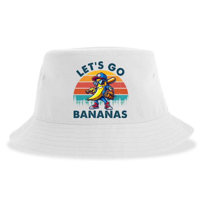 Lets Go Bananas Baseball Player Retro Sunset Sustainable Bucket Hat