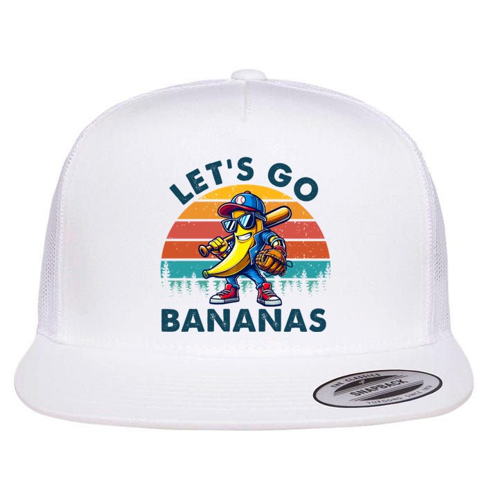 Lets Go Bananas Baseball Player Retro Sunset Flat Bill Trucker Hat