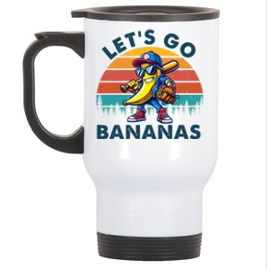 Lets Go Bananas Baseball Player Retro Sunset Stainless Steel Travel Mug