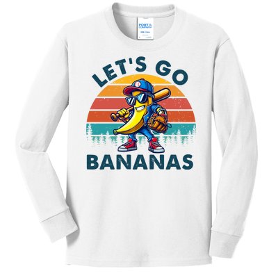 Lets Go Bananas Baseball Player Retro Sunset Kids Long Sleeve Shirt