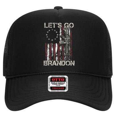 Lets Go Brandon Gun American Flag Patriots Let's Go Brandon High Crown Mesh Back Trucker Hat