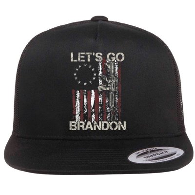 Lets Go Brandon Gun American Flag Patriots Let's Go Brandon Flat Bill Trucker Hat