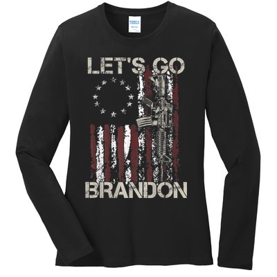Lets Go Brandon Gun American Flag Patriots Let's Go Brandon Ladies Long Sleeve Shirt