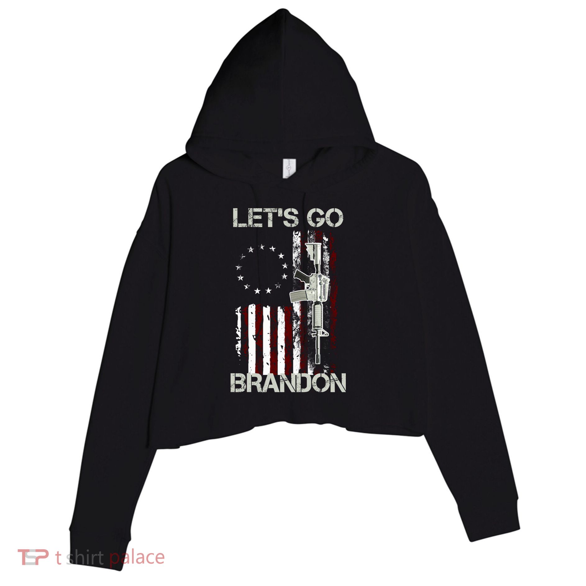 Let's Go Brandon Vintage American Flag Gun Rifle Crop Fleece Hoodie
