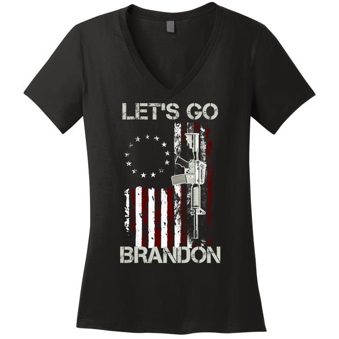 Let's Go Brandon Vintage American Flag Gun Rifle Women's V-Neck T-Shirt