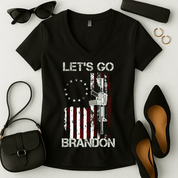 Let's Go Brandon Vintage American Flag Gun Rifle Women's V-Neck T-Shirt