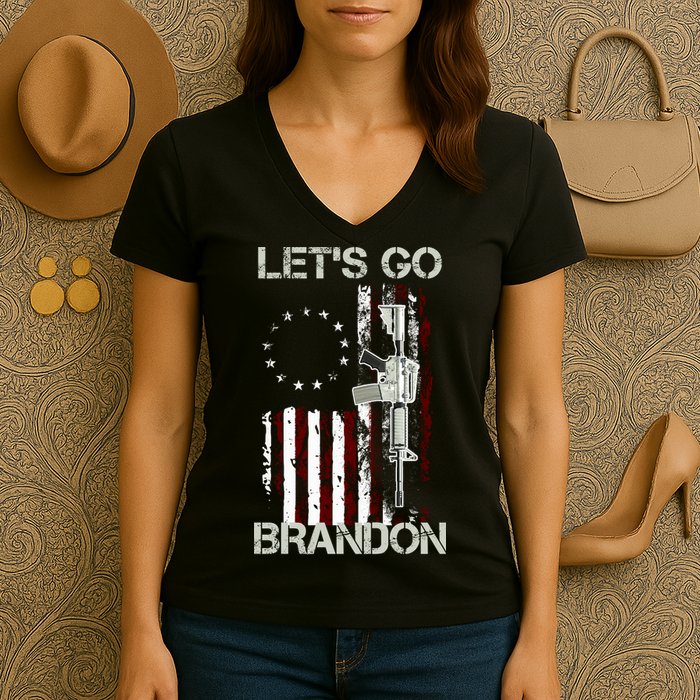 Let's Go Brandon Vintage American Flag Gun Rifle Women's V-Neck T-Shirt