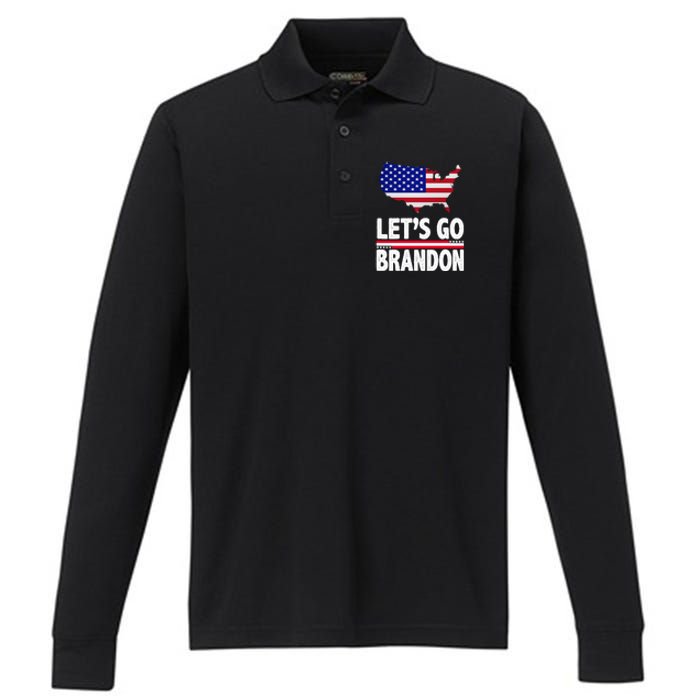 Let's Go Brandon USA American Flag Map Performance Long Sleeve Polo