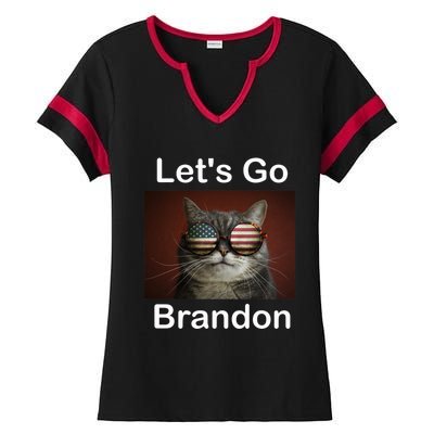 Let's Go Brandon Funny Cat With Sunglasses America Flag Ladies Halftime Notch Neck Tee