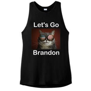 Let's Go Brandon Funny Cat With Sunglasses America Flag Ladies PosiCharge Tri-Blend Wicking Tank