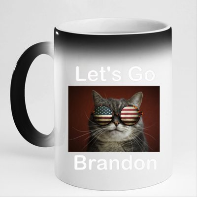 Let's Go Brandon Funny Cat With Sunglasses America Flag 11oz Black Color Changing Mug