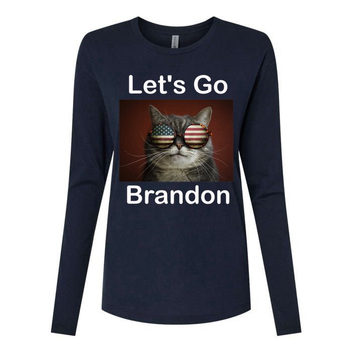 Let's Go Brandon Funny Cat With Sunglasses America Flag Womens Cotton Relaxed Long Sleeve T-Shirt