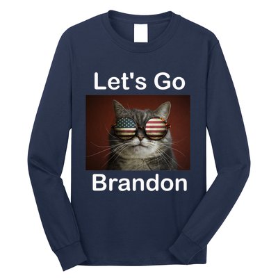 Let's Go Brandon Funny Cat With Sunglasses America Flag Long Sleeve Shirt