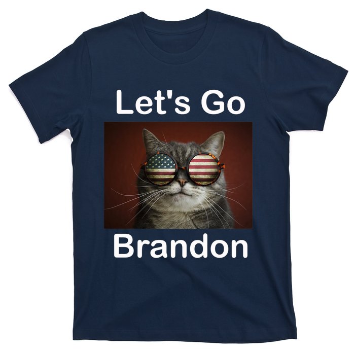 Let's Go Brandon Funny Cat With Sunglasses America Flag T-Shirt