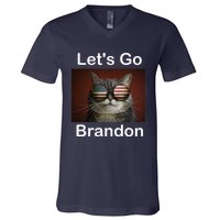 Let's Go Brandon Funny Cat With Sunglasses America Flag V-Neck T-Shirt