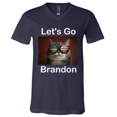 Let's Go Brandon Funny Cat With Sunglasses America Flag V-Neck T-Shirt