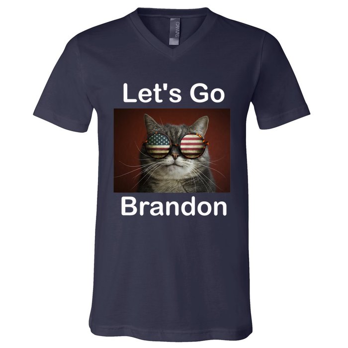 Let's Go Brandon Funny Cat With Sunglasses America Flag V-Neck T-Shirt