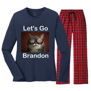 Let's Go Brandon Funny Cat With Sunglasses America Flag Women's Long Sleeve Flannel Pajama Set 