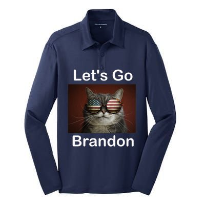 Let's Go Brandon Funny Cat With Sunglasses America Flag Silk Touch Performance Long Sleeve Polo