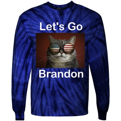 Let's Go Brandon Funny Cat With Sunglasses America Flag Tie-Dye Long Sleeve Shirt