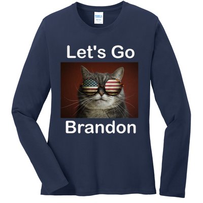 Let's Go Brandon Funny Cat With Sunglasses America Flag Ladies Long Sleeve Shirt