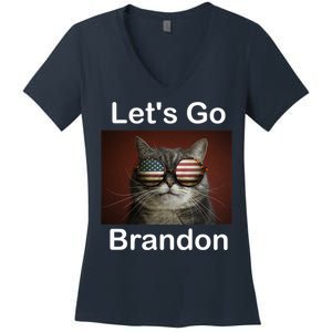 Let's Go Brandon Funny Cat With Sunglasses America Flag Women's V-Neck T-Shirt