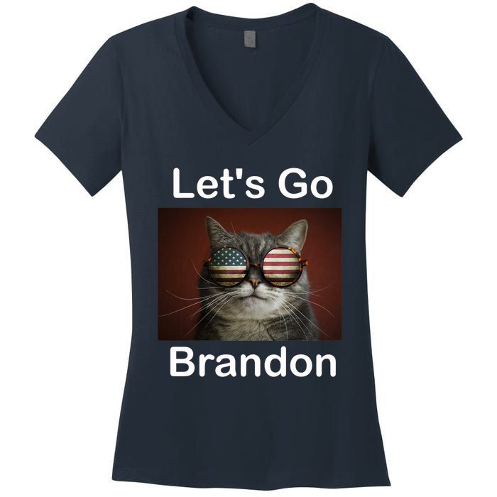 Let's Go Brandon Funny Cat With Sunglasses America Flag Women's V-Neck T-Shirt