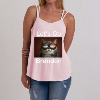 Let's Go Brandon Funny Cat With Sunglasses America Flag Women's Strappy Tank