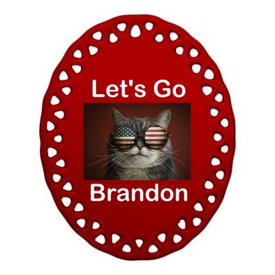 Let's Go Brandon Funny Cat With Sunglasses America Flag Ceramic Oval Ornament