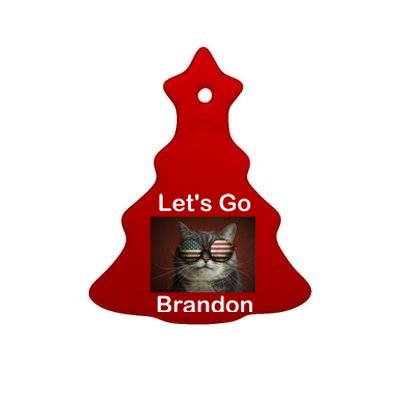 Let's Go Brandon Funny Cat With Sunglasses America Flag Ceramic Tree Ornament