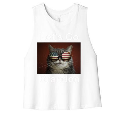 Let's Go Brandon Funny Cat With Sunglasses America Flag Women's Racerback Cropped Tank