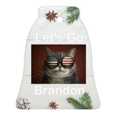 Let's Go Brandon Funny Cat With Sunglasses America Flag Ceramic Bell Ornament