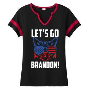 Let’s Go Brandon Cat Conservative American Flag Ladies Halftime Notch Neck Tee