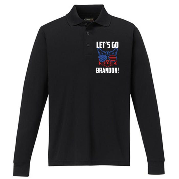 Let’s Go Brandon Cat Conservative American Flag Performance Long Sleeve Polo