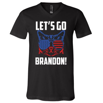 Let’s Go Brandon Cat Conservative American Flag V-Neck T-Shirt