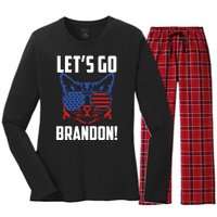 Let’s Go Brandon Cat Conservative American Flag Women's Long Sleeve Flannel Pajama Set 