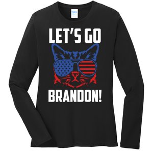 Let’s Go Brandon Cat Conservative American Flag Ladies Long Sleeve Shirt