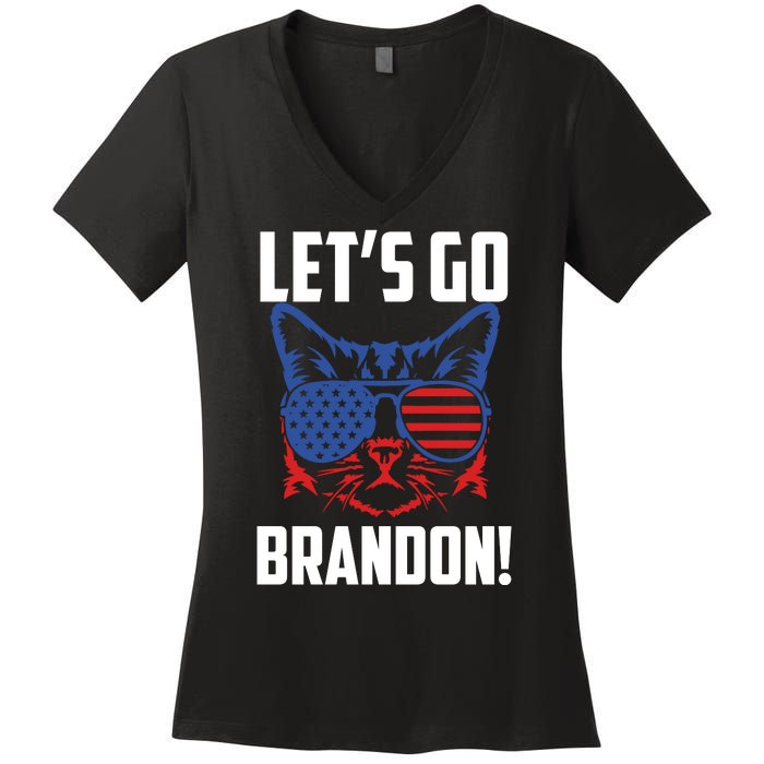 Let’s Go Brandon Cat Conservative American Flag Women's V-Neck T-Shirt