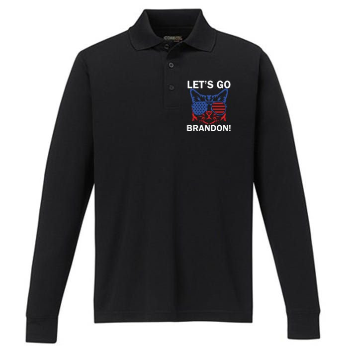 Let’s Go Brandon Cat Conservative American Flag Performance Long Sleeve Polo