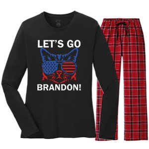 Let’s Go Brandon Cat Conservative American Flag Women's Long Sleeve Flannel Pajama Set 