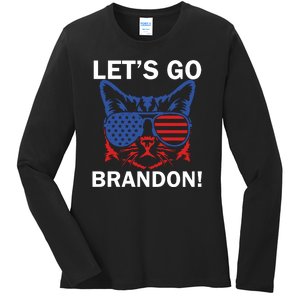 Let’s Go Brandon Cat Conservative American Flag Ladies Long Sleeve Shirt